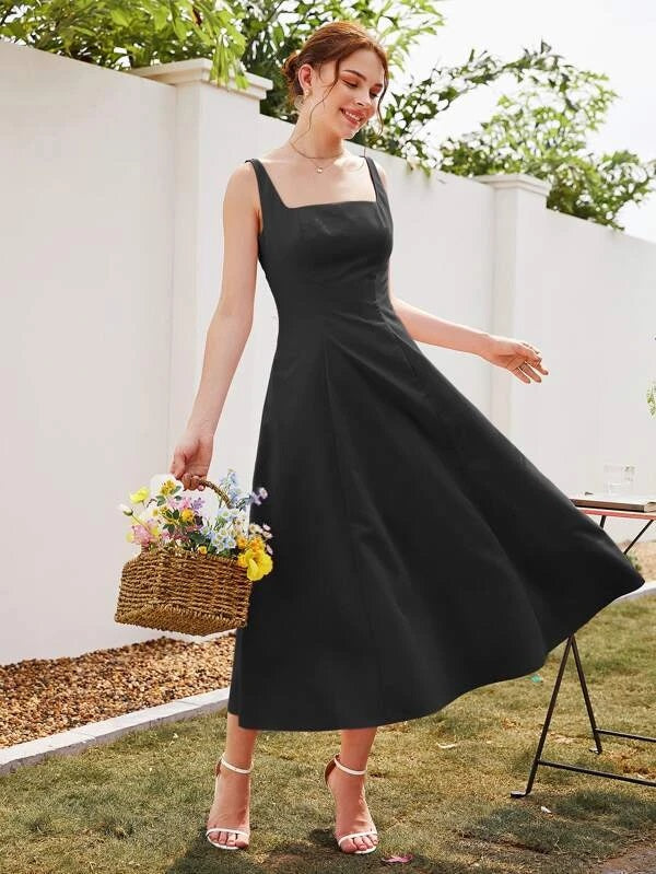 CM-DS900880 Women Casual Seoul Style Square Neck Sleeveless A-Line Dress - Black