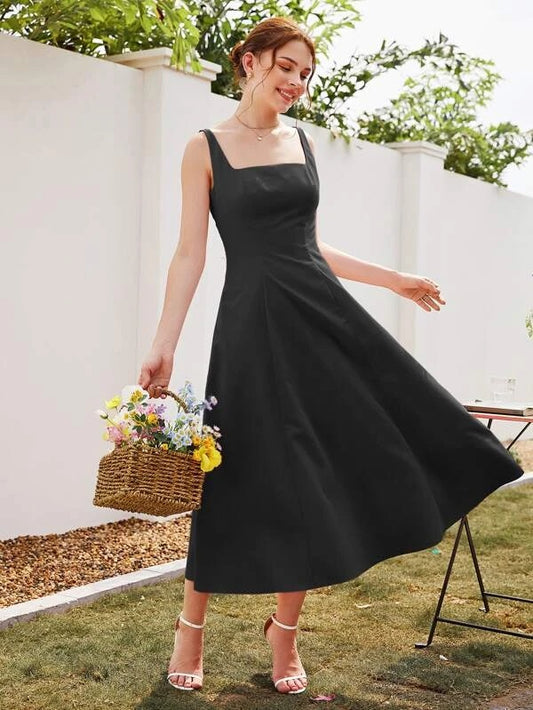 CM-DS900880 Women Casual Seoul Style Square Neck Sleeveless A-Line Dress - Black
