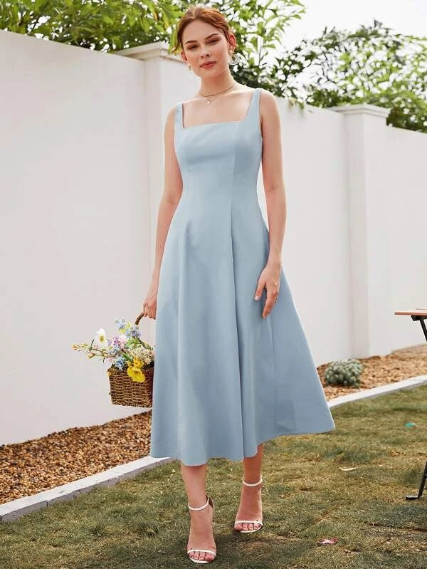 CM-DS950556 Women Casual Seoul Style Square Neck Sleeveless A-Line Dress - Baby Blue