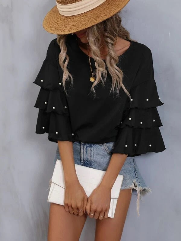 CM-TS799138 Women Elegant Seoul Style Pearls Beaded Layered Sleeve Tee - Black