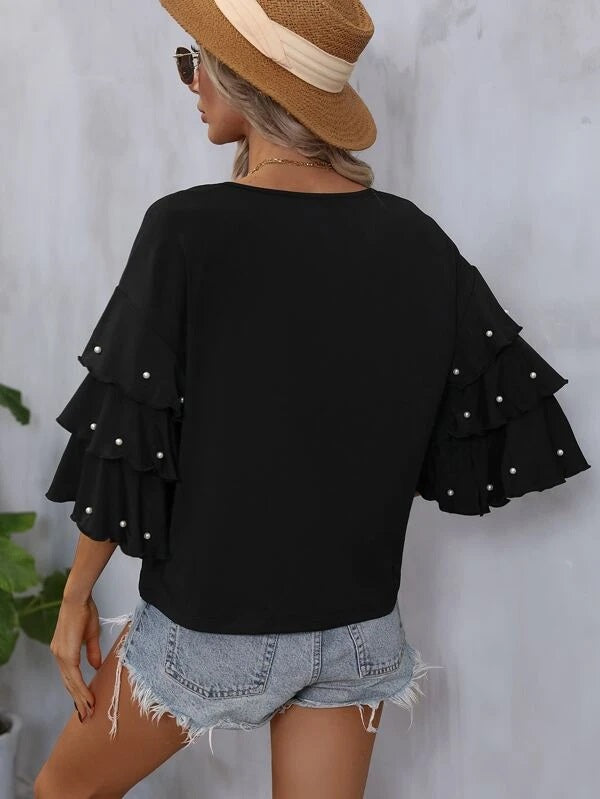 CM-TS799138 Women Elegant Seoul Style Pearls Beaded Layered Sleeve Tee - Black