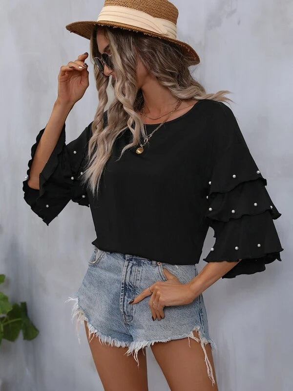 CM-TS799138 Women Elegant Seoul Style Pearls Beaded Layered Sleeve Tee - Black