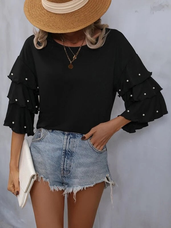 CM-TS799138 Women Elegant Seoul Style Pearls Beaded Layered Sleeve Tee - Black