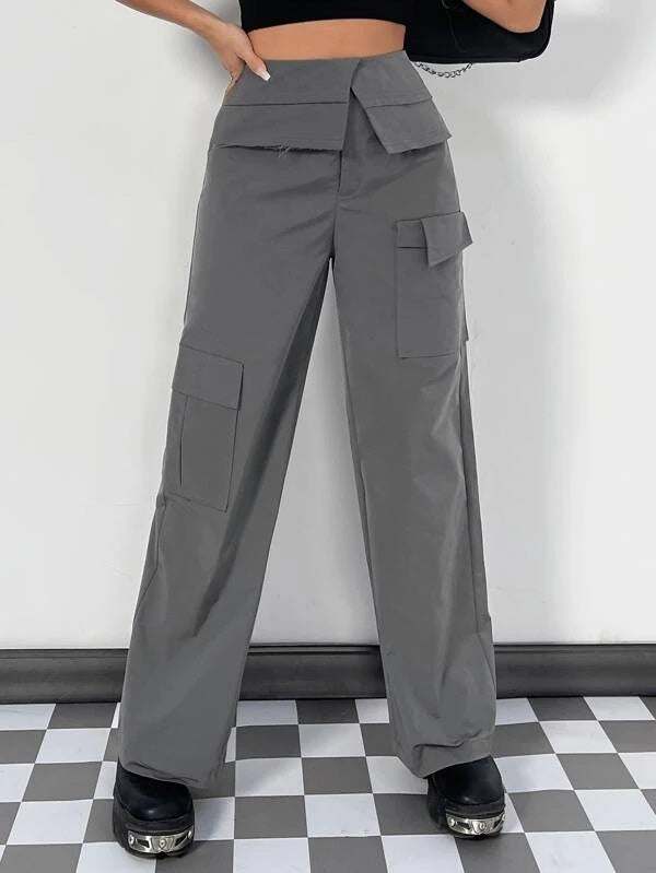 CM-BS875155 Women Casual Seoul Style Flap Pocket Cargo Pants - Gray