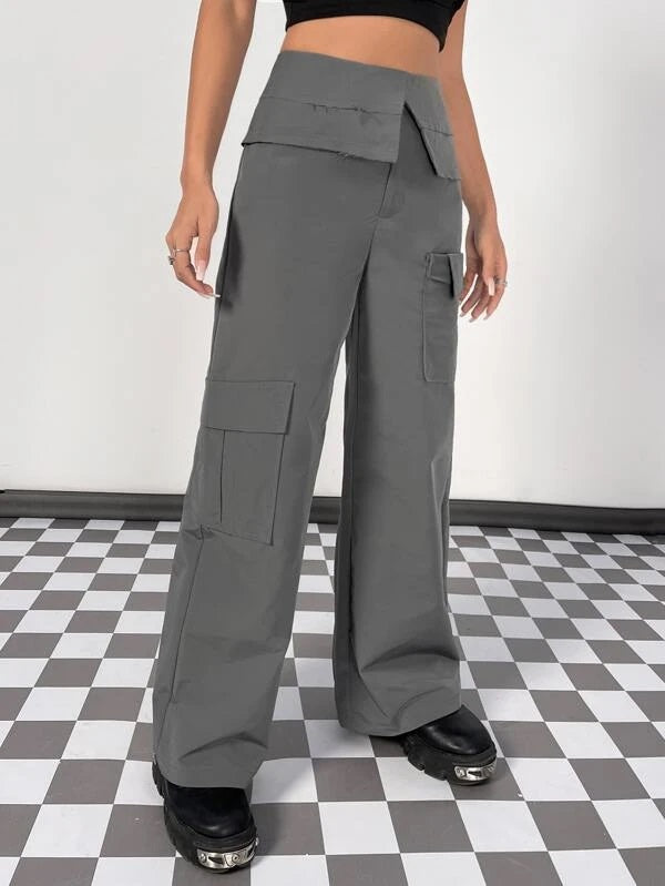 CM-BS875155 Women Casual Seoul Style Flap Pocket Cargo Pants - Gray