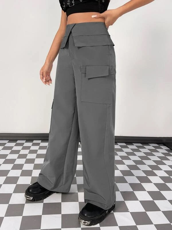 CM-BS875155 Women Casual Seoul Style Flap Pocket Cargo Pants - Gray