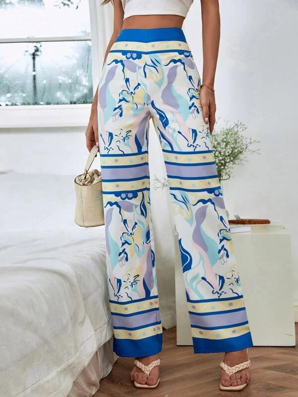 CM-BS941099 Women Casual Seoul Style High Waist Floral Print Wide Leg Pants