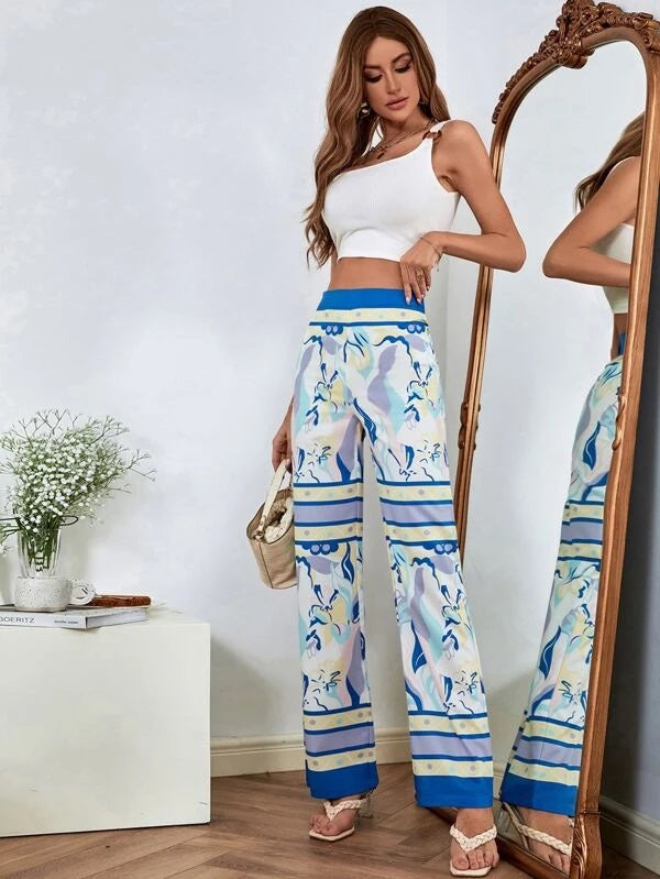 CM-BS941099 Women Casual Seoul Style High Waist Floral Print Wide Leg Pants