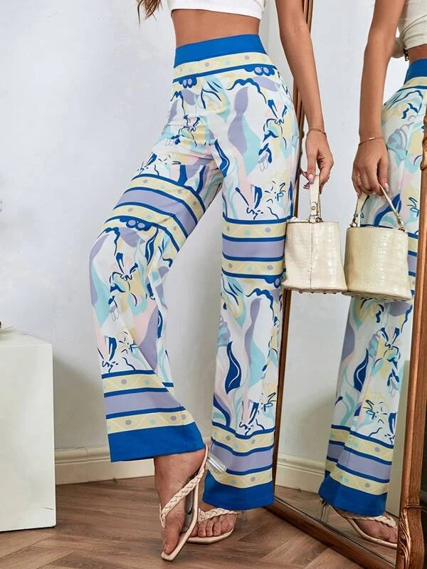 CM-BS941099 Women Casual Seoul Style High Waist Floral Print Wide Leg Pants