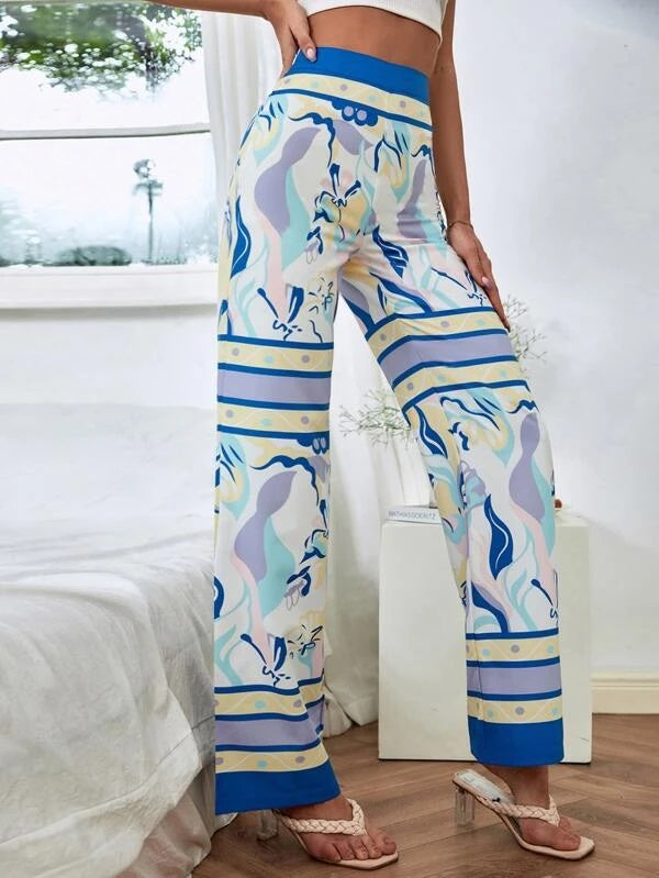 CM-BS941099 Women Casual Seoul Style High Waist Floral Print Wide Leg Pants