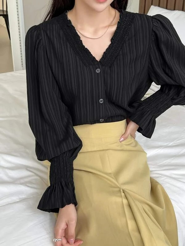 CM-TS522603 Women Casual Seoul Style Shirred Flounce Sleeve Textured Blouse - Black