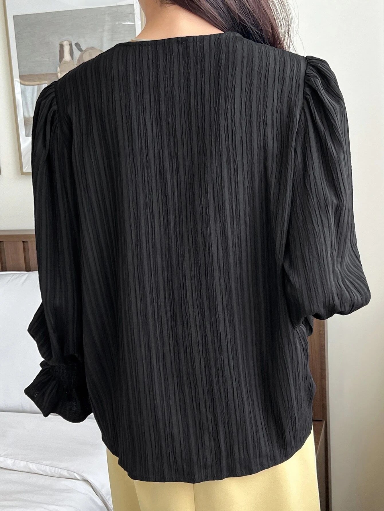 CM-TS522603 Women Casual Seoul Style Shirred Flounce Sleeve Textured Blouse - Black