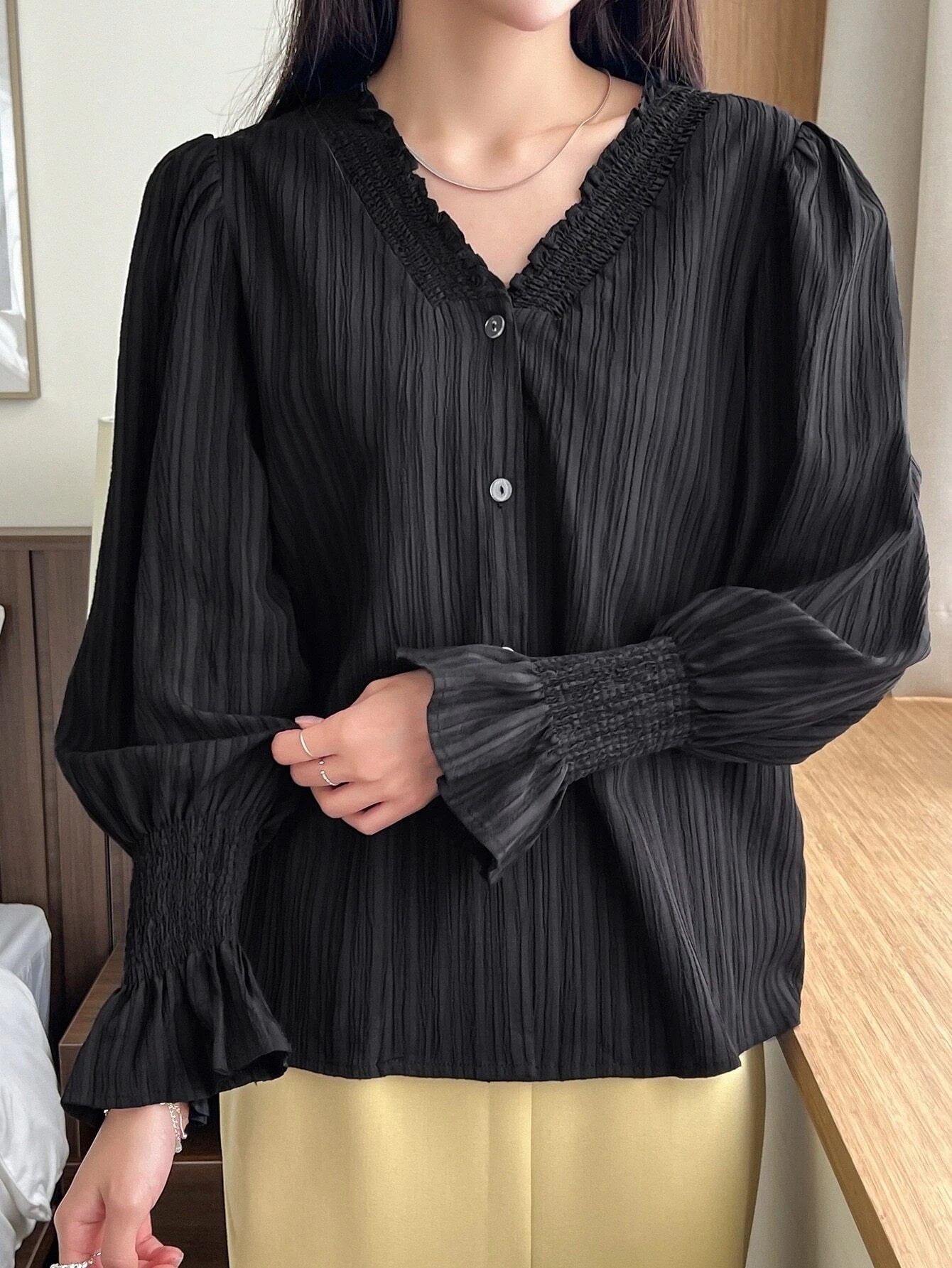 CM-TS522603 Women Casual Seoul Style Shirred Flounce Sleeve Textured Blouse - Black