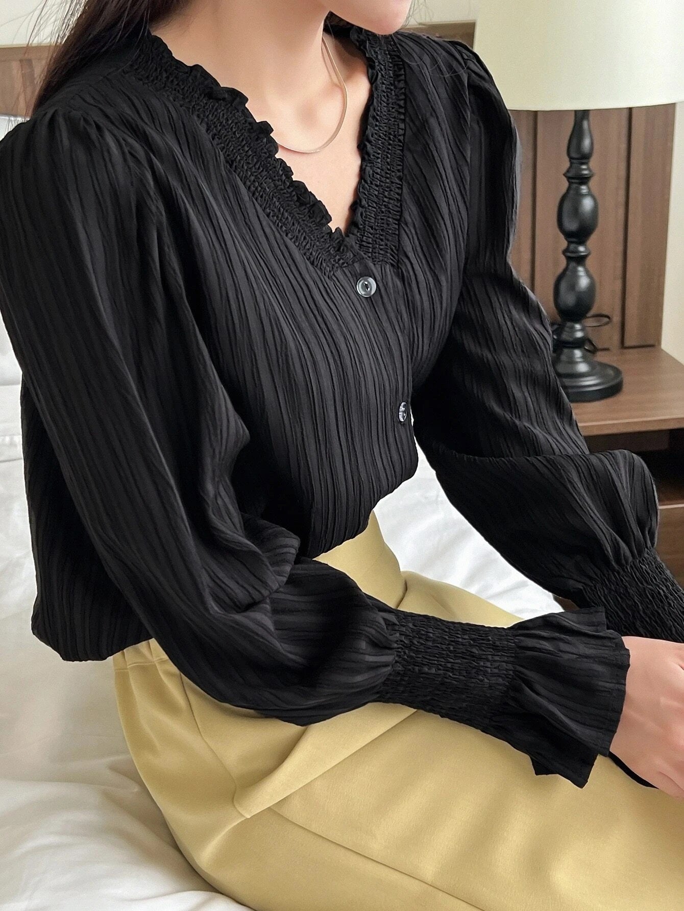 CM-TS522603 Women Casual Seoul Style Shirred Flounce Sleeve Textured Blouse - Black