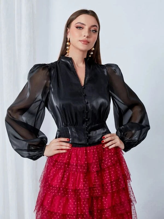 CM-TS350055 Women Elegant Seoul Style Button Front Lantern Sleeve Blouse - Black