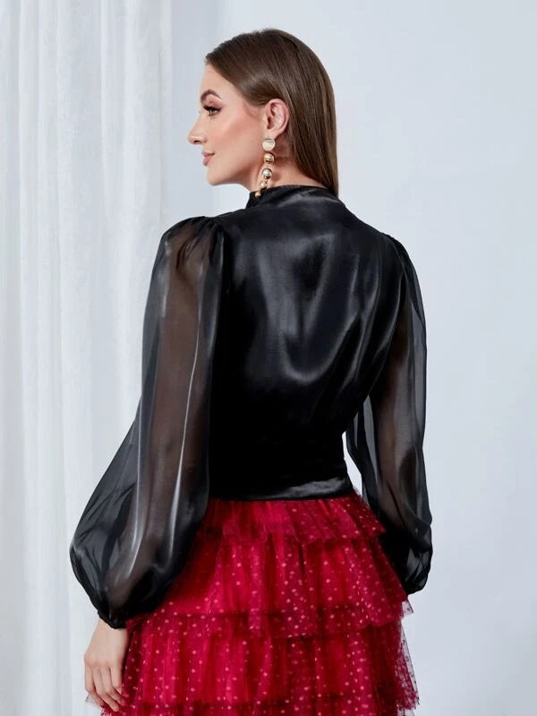CM-TS350055 Women Elegant Seoul Style Button Front Lantern Sleeve Blouse - Black