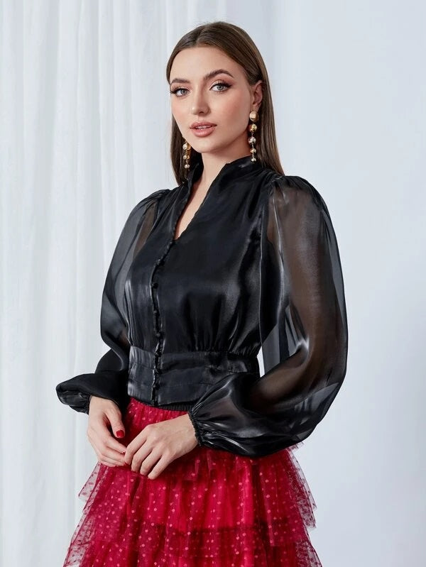 CM-TS350055 Women Elegant Seoul Style Button Front Lantern Sleeve Blouse - Black