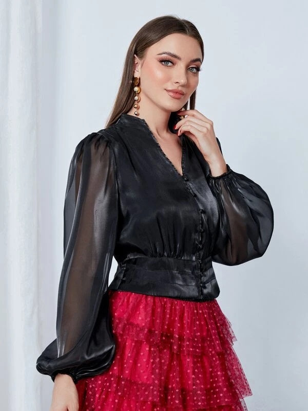 CM-TS350055 Women Elegant Seoul Style Button Front Lantern Sleeve Blouse - Black