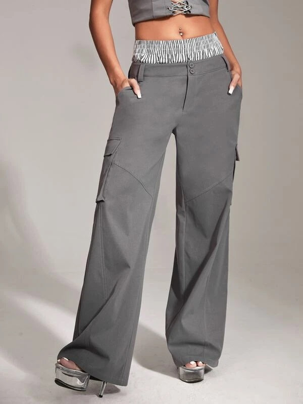 CM-BS941137 Women Casual Seoul Style Flap Pocket Side Cargo Pants - Dark Gray