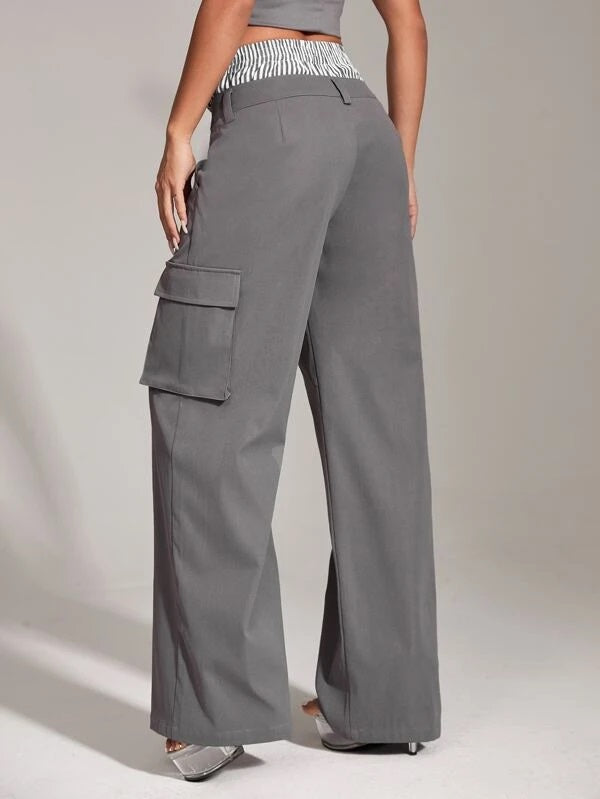 CM-BS941137 Women Casual Seoul Style Flap Pocket Side Cargo Pants - Dark Gray