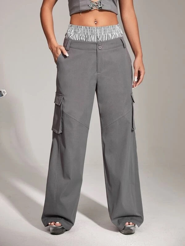 CM-BS941137 Women Casual Seoul Style Flap Pocket Side Cargo Pants - Dark Gray