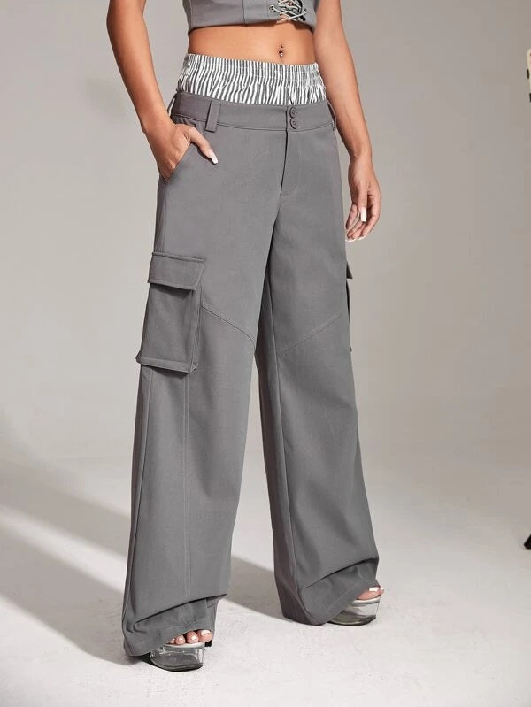 CM-BS941137 Women Casual Seoul Style Flap Pocket Side Cargo Pants - Dark Gray