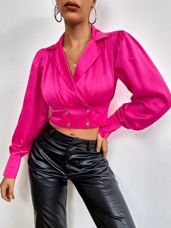 CM-TS081370 Women Casual Seoul Style Lapel Neck Puff Sleeve Crop Satin Shirt - Hot Pink