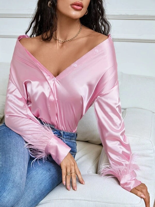 CM-TS736173 Women Elegant Seoul Style Contrast Fuzzy Curved Hem Shirt - Baby Pink