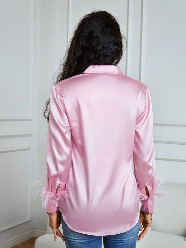 CM-TS736173 Women Elegant Seoul Style Contrast Fuzzy Curved Hem Shirt - Baby Pink