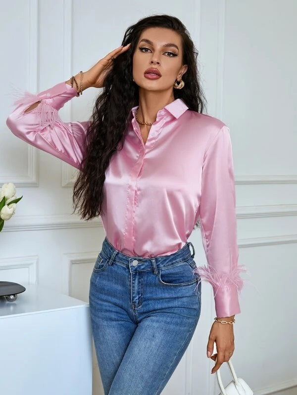 CM-TS736173 Women Elegant Seoul Style Contrast Fuzzy Curved Hem Shirt - Baby Pink