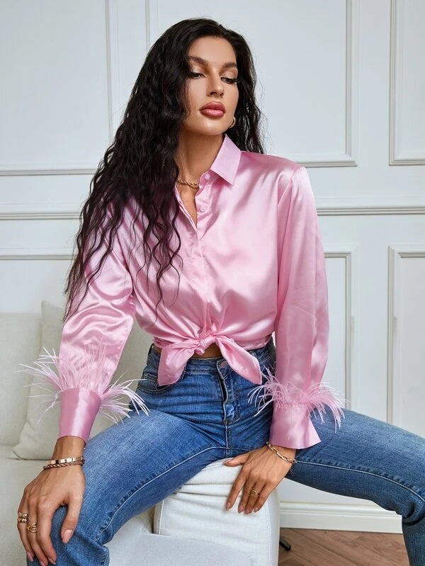 CM-TS736173 Women Elegant Seoul Style Contrast Fuzzy Curved Hem Shirt - Baby Pink