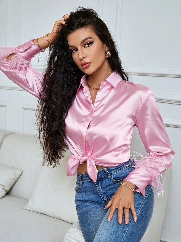 CM-TS736173 Women Elegant Seoul Style Contrast Fuzzy Curved Hem Shirt - Baby Pink