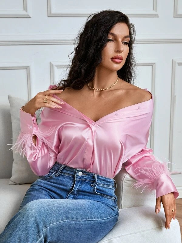 CM-TS736173 Women Elegant Seoul Style Contrast Fuzzy Curved Hem Shirt - Baby Pink