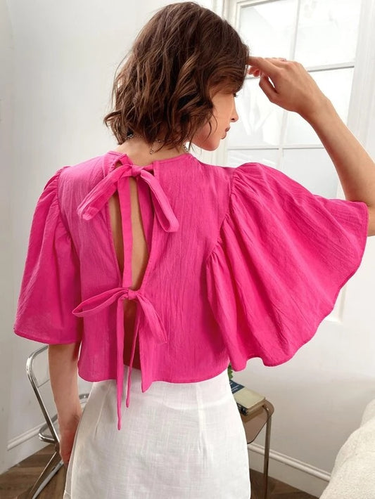 CM-TS433056 Women Casual Seoul Style Tie Back Butterfly Sleeve Blouse - Hot Pink