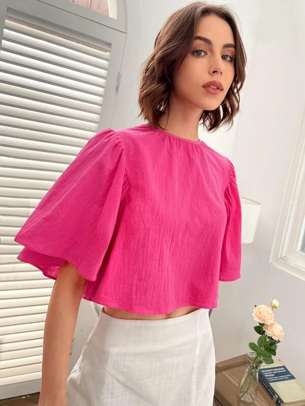 CM-TS433056 Women Casual Seoul Style Tie Back Butterfly Sleeve Blouse - Hot Pink