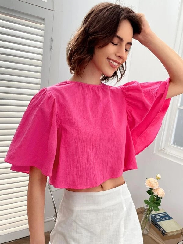 CM-TS433056 Women Casual Seoul Style Tie Back Butterfly Sleeve Blouse - Hot Pink