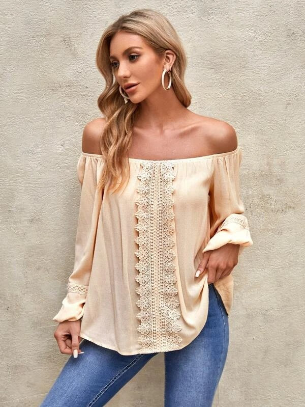 CM-TS272424 Women Trendy Bohemian Style Off Shoulder Guipure Lace Insert Blouse - Apricot