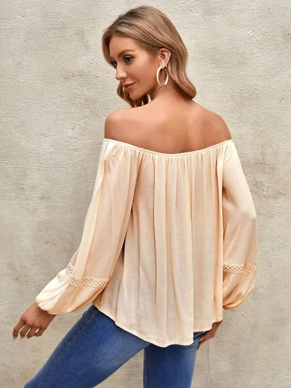 CM-TS272424 Women Trendy Bohemian Style Off Shoulder Guipure Lace Insert Blouse - Apricot