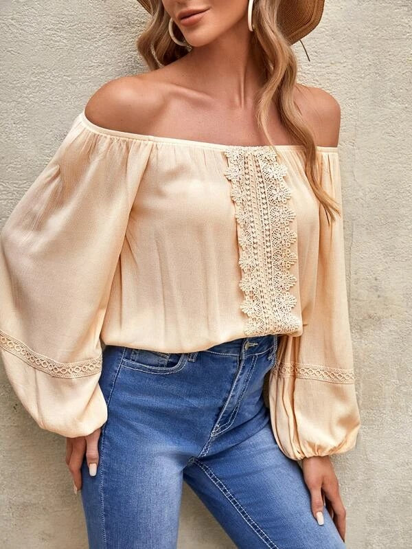 CM-TS272424 Women Trendy Bohemian Style Off Shoulder Guipure Lace Insert Blouse - Apricot