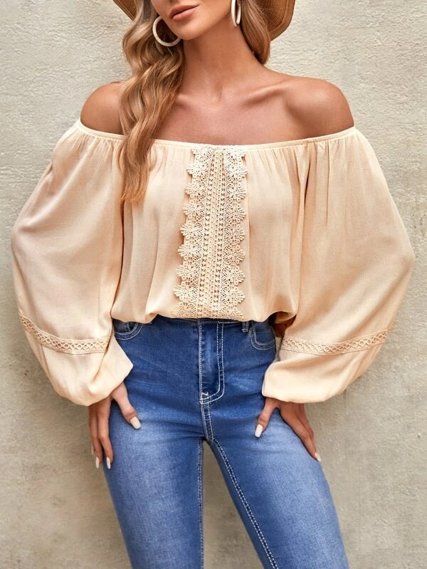 CM-TS272424 Women Trendy Bohemian Style Off Shoulder Guipure Lace Insert Blouse - Apricot