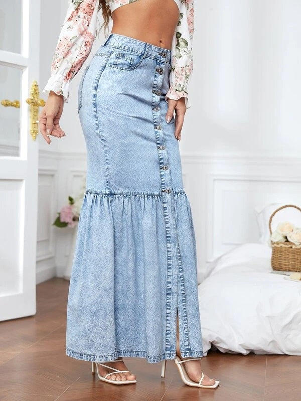 CM-BS948842 Women Casual Seoul Style Light Wash Button Front Mermaid Hem Denim Skirt