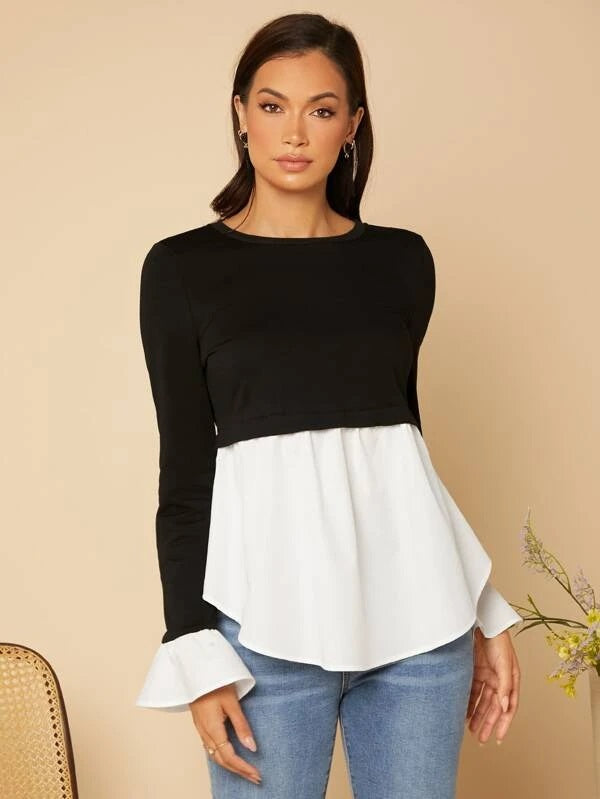 CM-TS764524 Women Casual Seoul Style Two Tone Flounce Sleeve Peplum Top