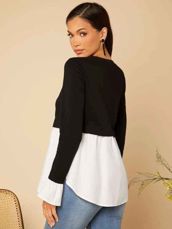 CM-TS764524 Women Casual Seoul Style Two Tone Flounce Sleeve Peplum Top