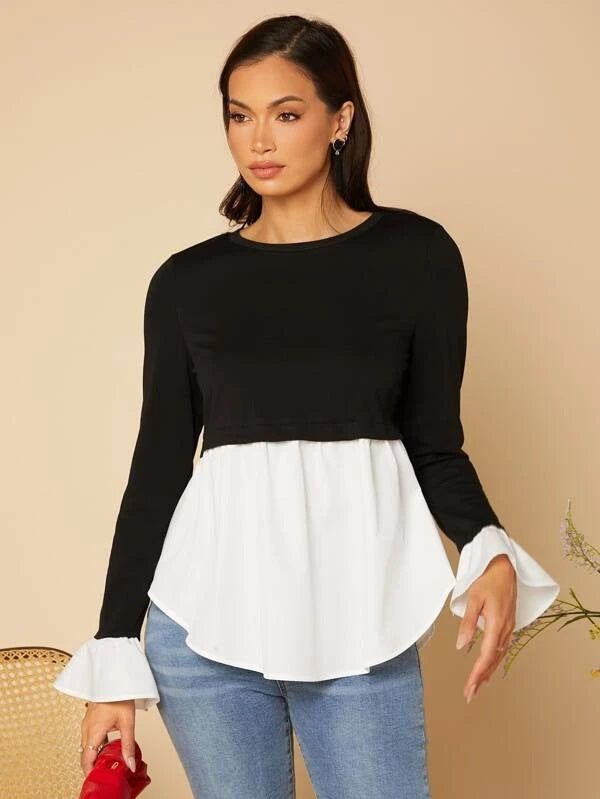 CM-TS764524 Women Casual Seoul Style Two Tone Flounce Sleeve Peplum Top