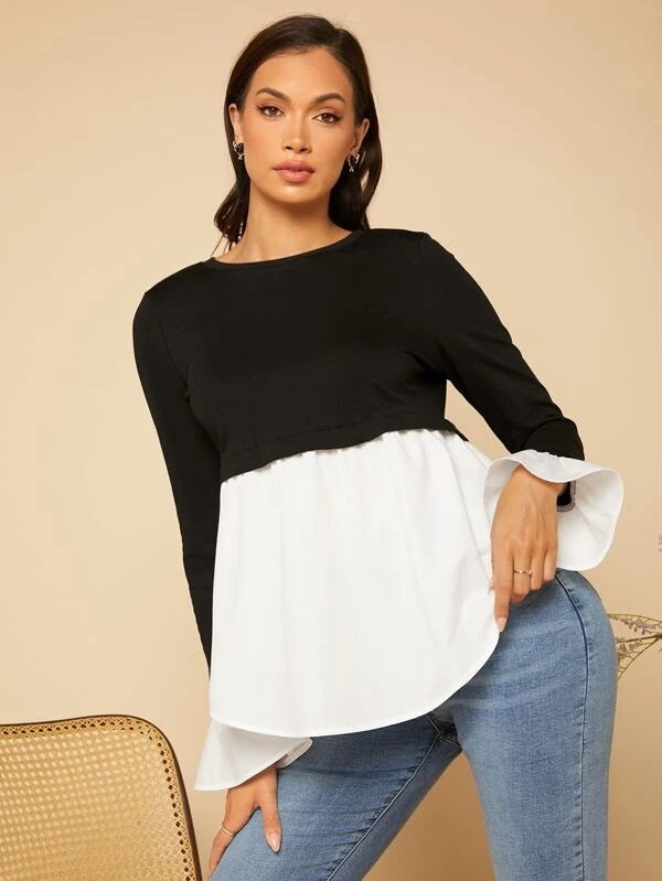 CM-TS764524 Women Casual Seoul Style Two Tone Flounce Sleeve Peplum Top