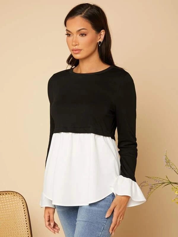 CM-TS764524 Women Casual Seoul Style Two Tone Flounce Sleeve Peplum Top