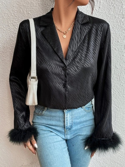 CM-TS996579 Women Elegant Seoul Style Fuzzy Cuff Trim Button Front Shirt - Black