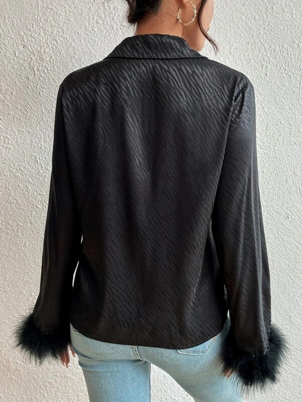 CM-TS996579 Women Elegant Seoul Style Fuzzy Cuff Trim Button Front Shirt - Black