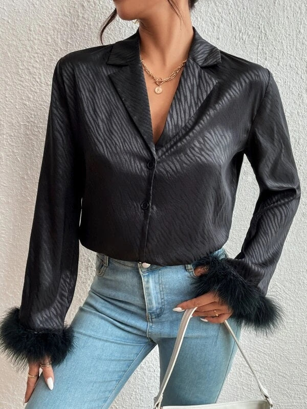 CM-TS996579 Women Elegant Seoul Style Fuzzy Cuff Trim Button Front Shirt - Black