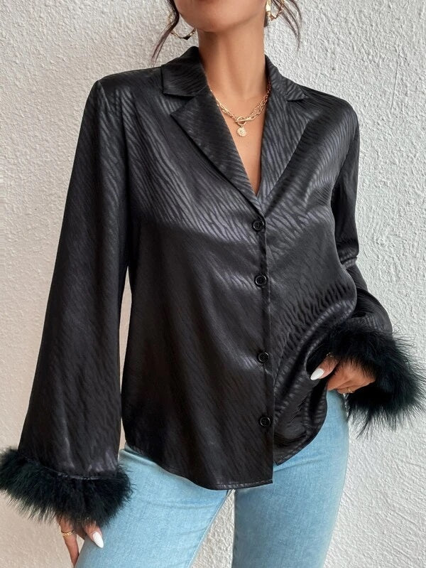 CM-TS996579 Women Elegant Seoul Style Fuzzy Cuff Trim Button Front Shirt - Black